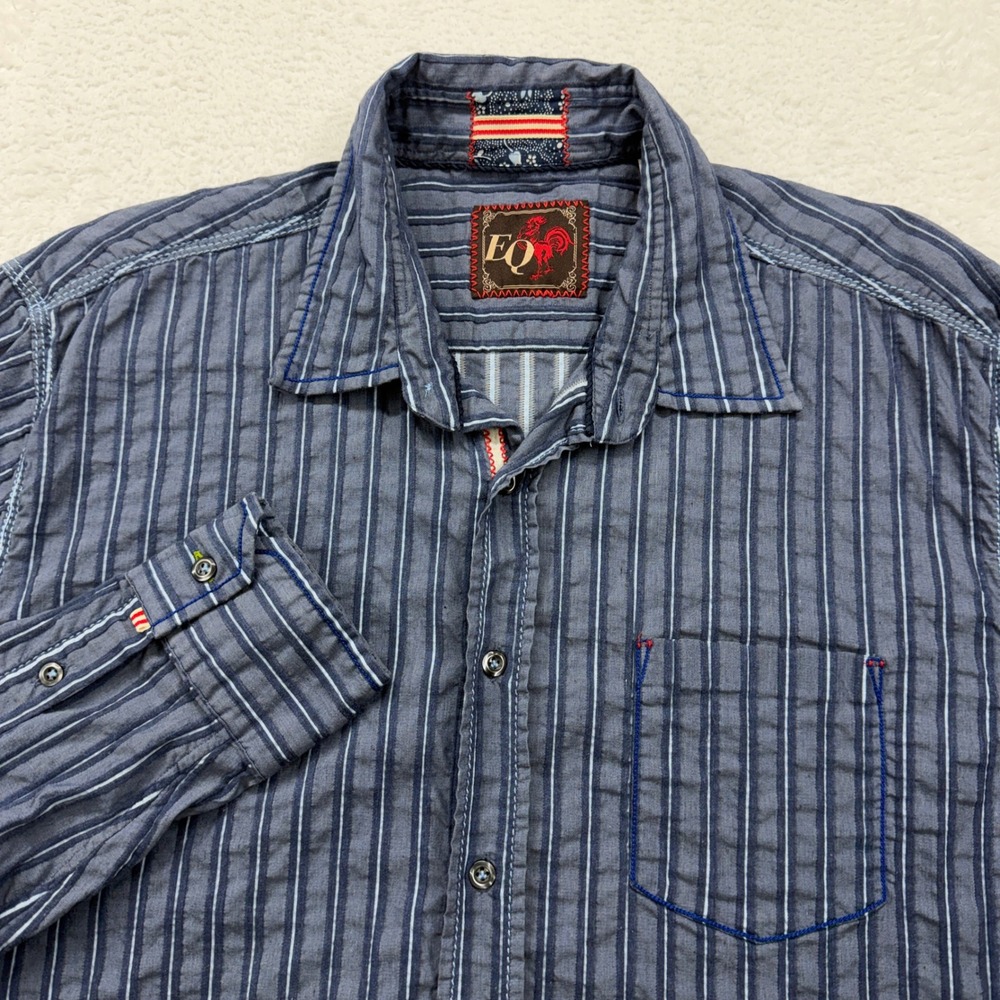 EQ Mens XL Blue Striped Puckered Seersucker Button Down Long Sleeve Shirt